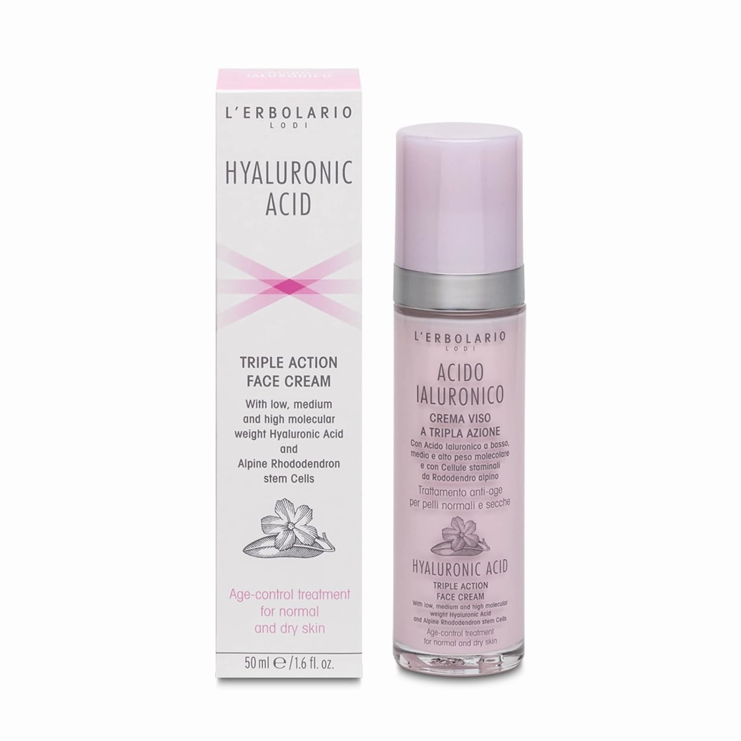 L'Erbolario Hyaluronic Acid Triple Action Face Cream - Combination Skin - Moisturizes And Tones - Fast Absorbing, Non-Greasy Formula - Hydrating Effect - For Radiant and Smooth Appearance - 1.6 Oz