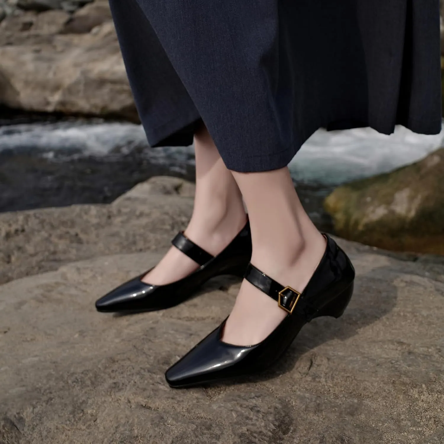 Ladies' Ankle Strap Block Heel Shoes - Slip-On Chunky Heeled Pumps with Buckle Closure