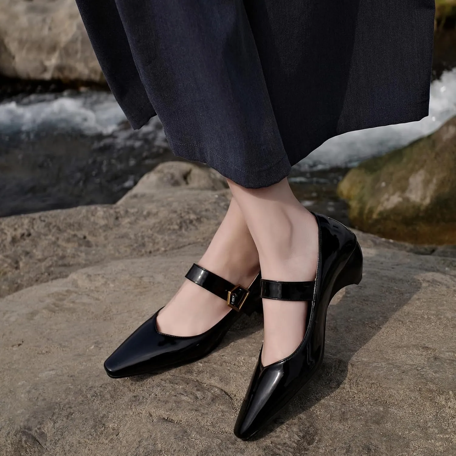 Ladies' Ankle Strap Block Heel Shoes - Slip-On Chunky Heeled Pumps with Buckle Closure