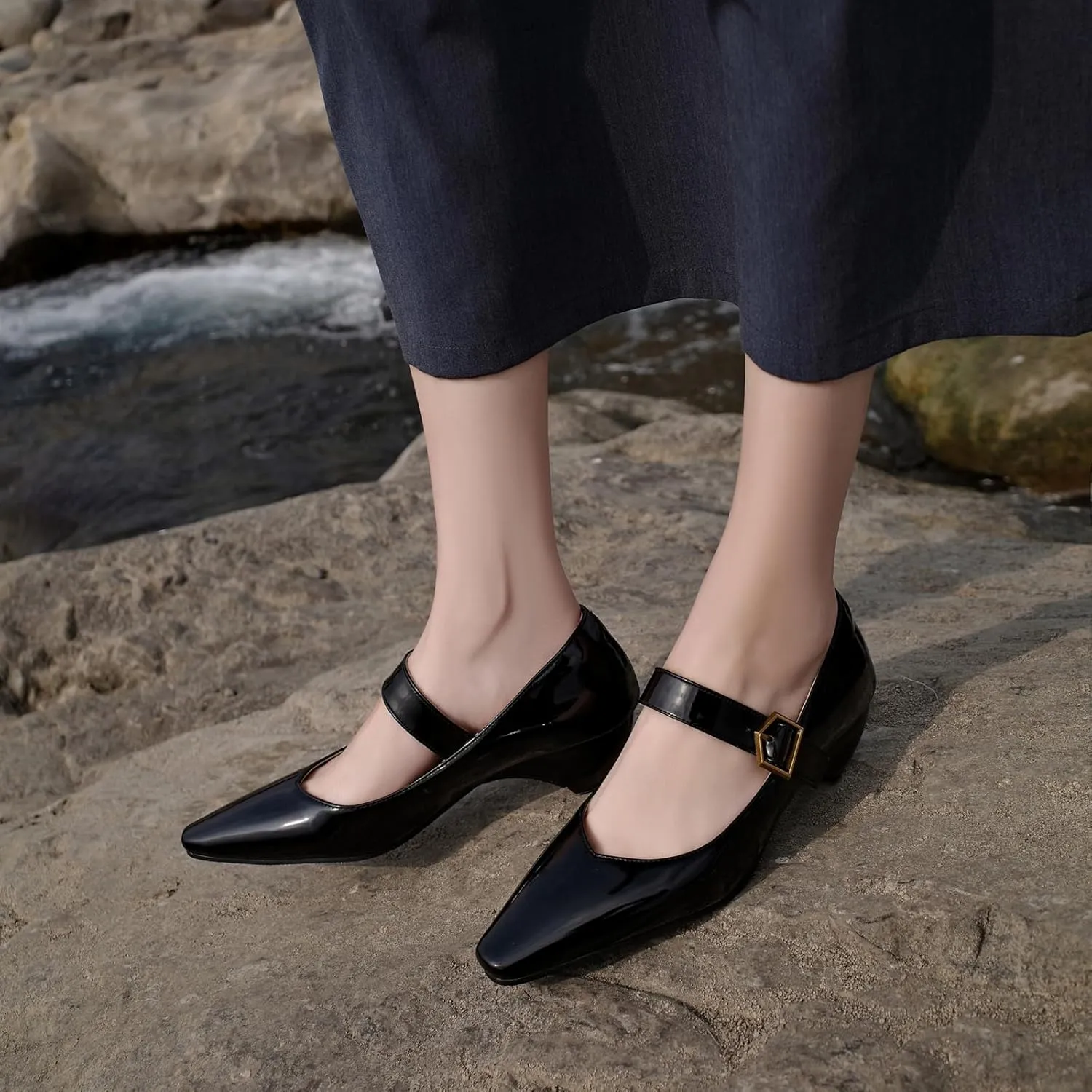 Ladies' Ankle Strap Block Heel Shoes - Slip-On Chunky Heeled Pumps with Buckle Closure