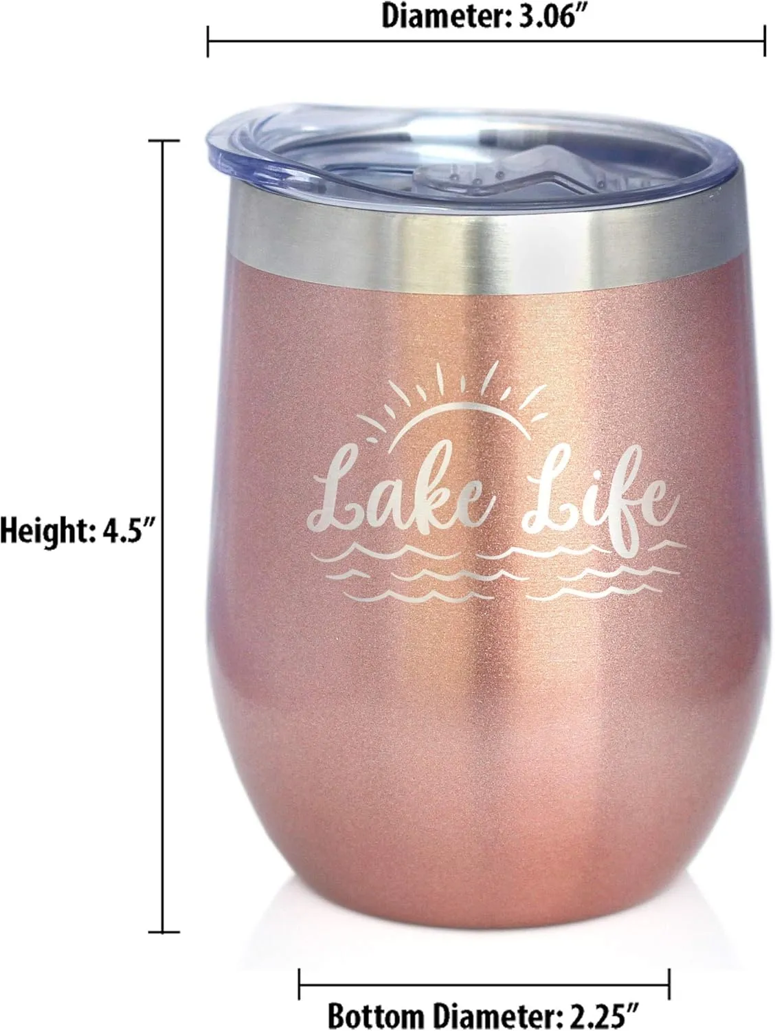 Lake Life - Wine Tumbler with Sliding Lid - Stemless Stainless Steel Insulated Cup - Cute Outdoor Camping Mug - Rose Gold