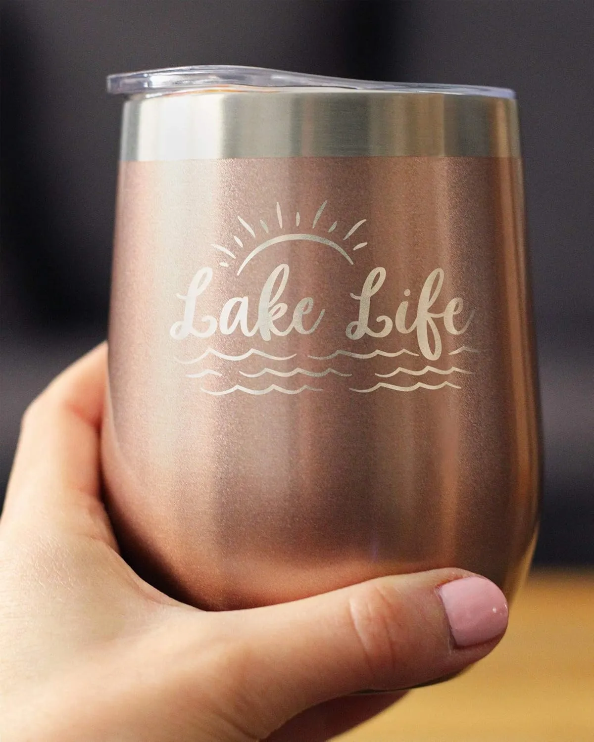 Lake Life - Wine Tumbler with Sliding Lid - Stemless Stainless Steel Insulated Cup - Cute Outdoor Camping Mug - Rose Gold