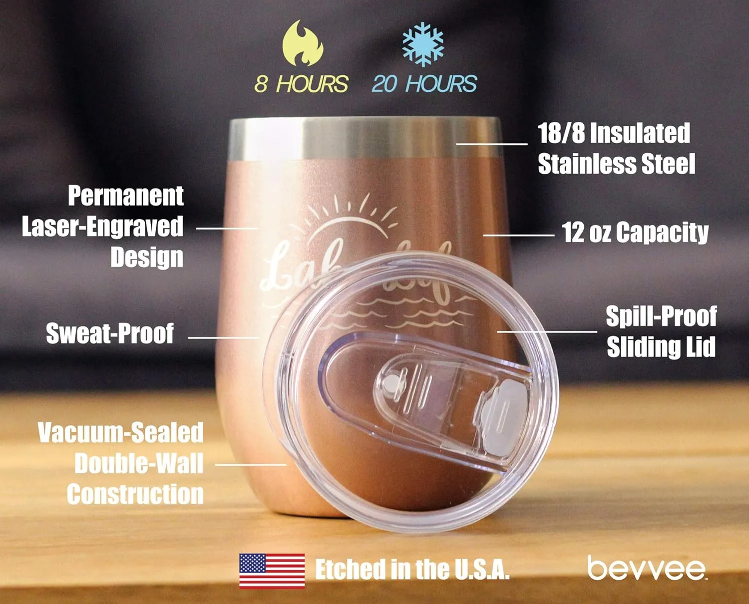 Lake Life - Wine Tumbler with Sliding Lid - Stemless Stainless Steel Insulated Cup - Cute Outdoor Camping Mug - Rose Gold