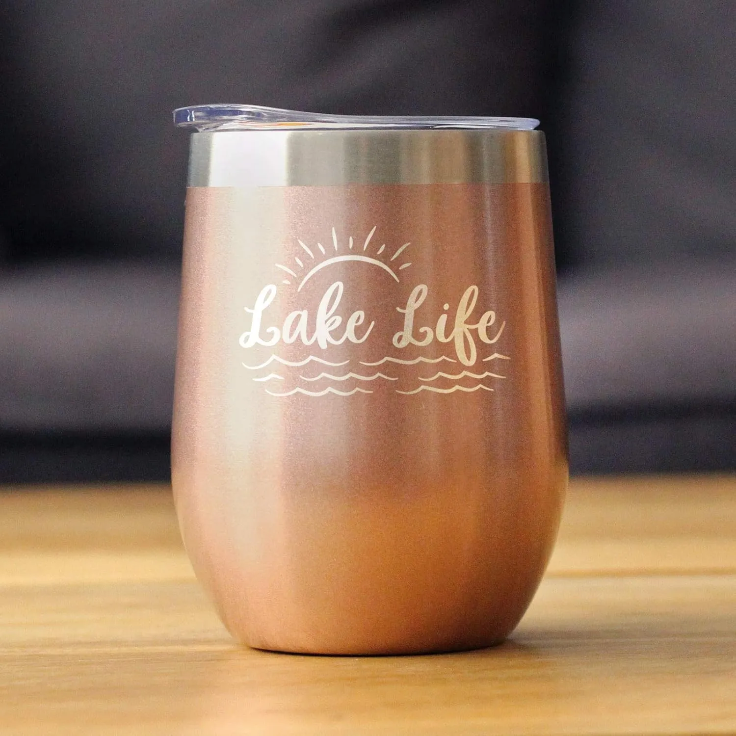 Lake Life - Wine Tumbler with Sliding Lid - Stemless Stainless Steel Insulated Cup - Cute Outdoor Camping Mug - Rose Gold
