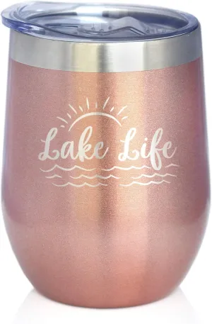 Lake Life - Wine Tumbler with Sliding Lid - Stemless Stainless Steel Insulated Cup - Cute Outdoor Camping Mug - Rose Gold