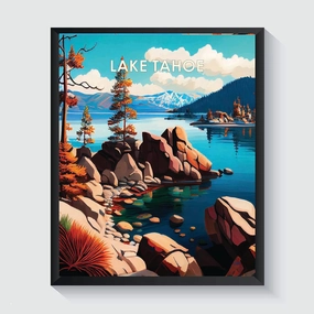 Lake Tahoe Art Print Illustration Wall Art Painting Decor Retro Landscape Scenery Artwork for Farmhouse Cabin Decoration Bedroo and Bathroom (Lake Tahoe B, 24x36 inches (Unframed))