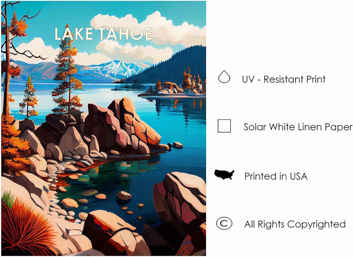 Lake Tahoe Art Print Illustration Wall Art Painting Decor Retro Landscape Scenery Artwork for Farmhouse Cabin Decoration Bedroo and Bathroom (Lake Tahoe B, 24x36 inches (Unframed))