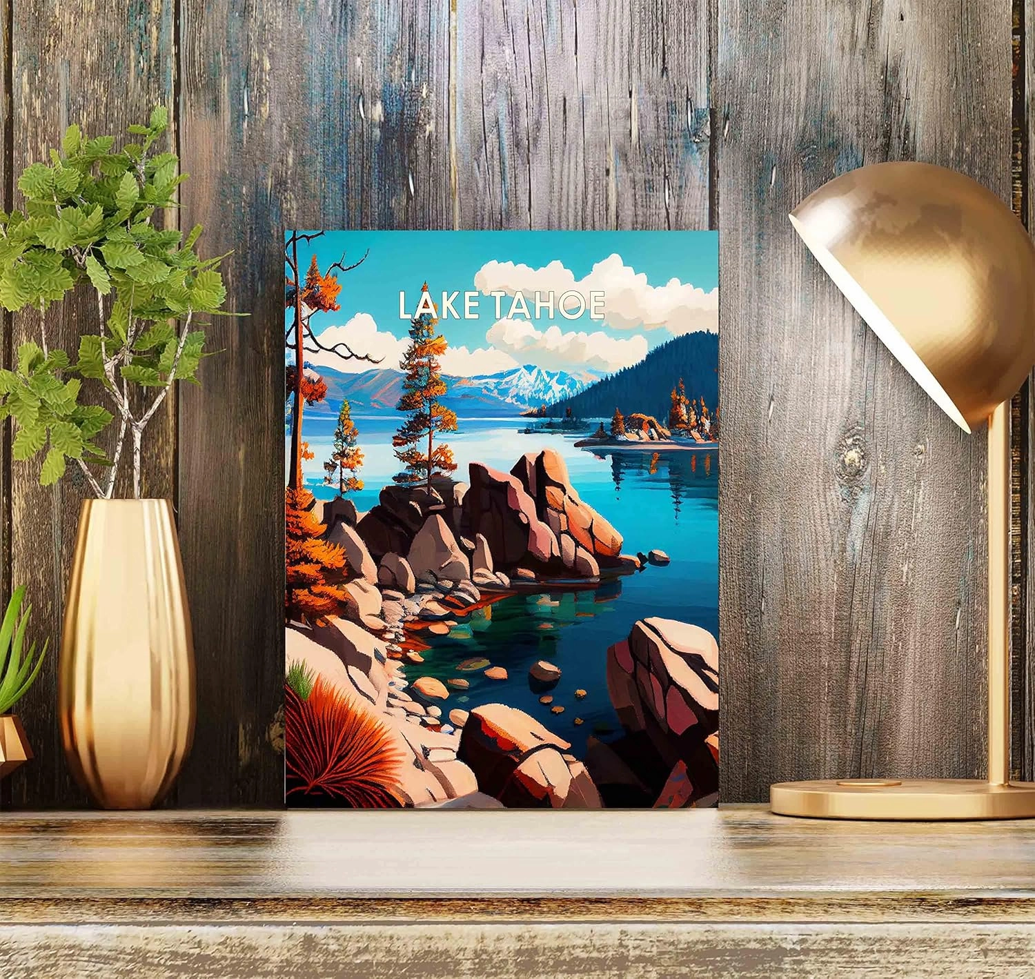 Lake Tahoe Art Print Illustration Wall Art Painting Decor Retro Landscape Scenery Artwork for Farmhouse Cabin Decoration Bedroo and Bathroom (Lake Tahoe B, 24x36 inches (Unframed))