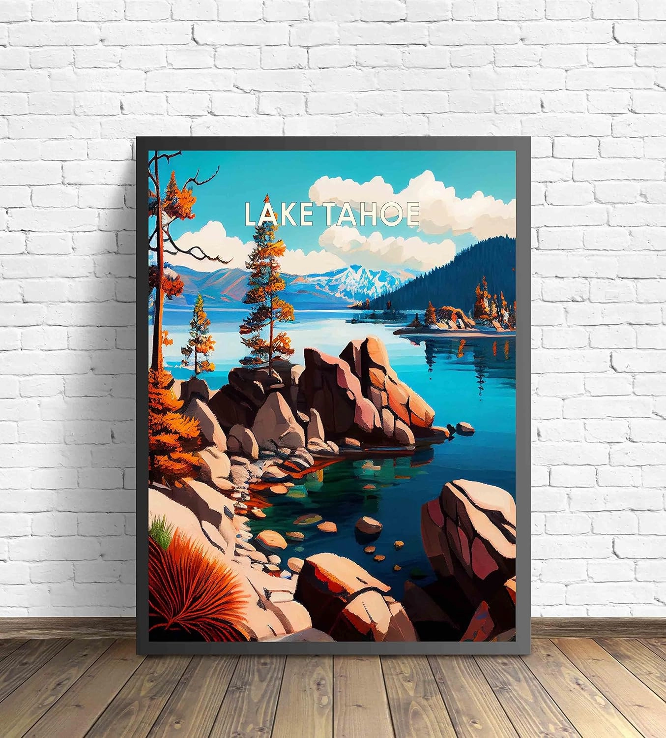 Lake Tahoe Art Print Illustration Wall Art Painting Decor Retro Landscape Scenery Artwork for Farmhouse Cabin Decoration Bedroo and Bathroom (Lake Tahoe B, 24x36 inches (Unframed))