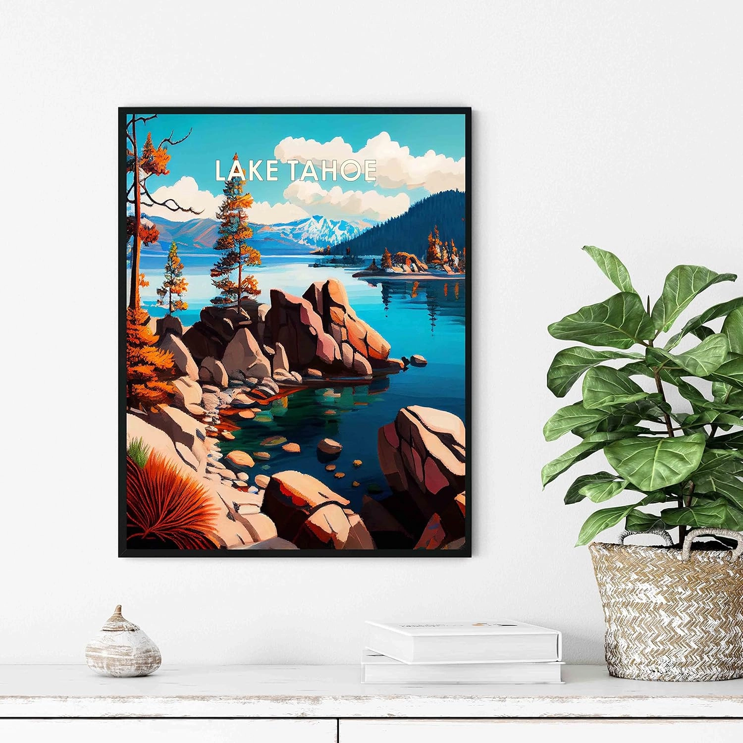 Lake Tahoe Art Print Illustration Wall Art Painting Decor Retro Landscape Scenery Artwork for Farmhouse Cabin Decoration Bedroo and Bathroom (Lake Tahoe B, 24x36 inches (Unframed))