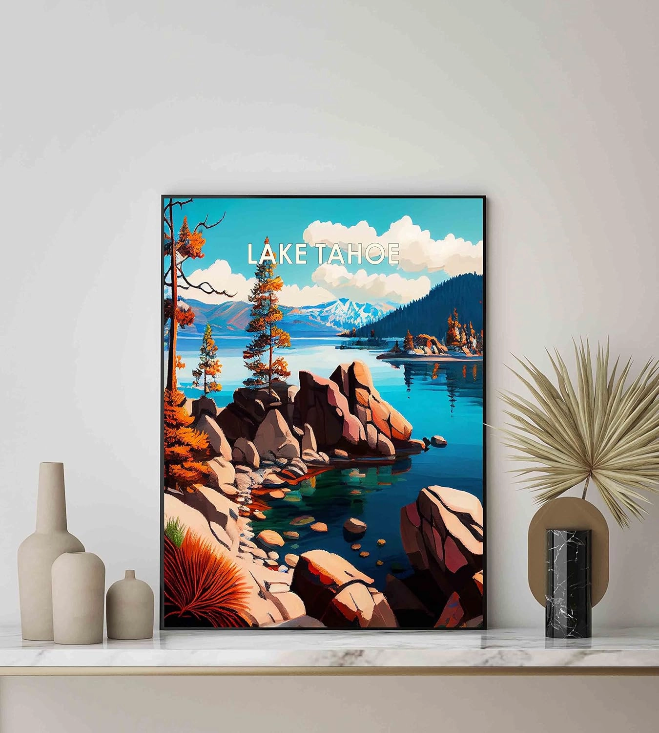 Lake Tahoe Art Print Illustration Wall Art Painting Decor Retro Landscape Scenery Artwork for Farmhouse Cabin Decoration Bedroo and Bathroom (Lake Tahoe B, 24x36 inches (Unframed))
