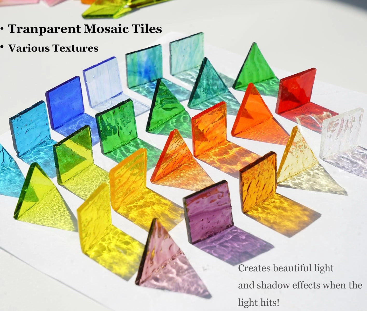 Lanyani 1.3 Pound/200 Pieces Extra Large Transparent Textured Stained Glass Mosaic Tiles for DIY Craft, Colorful Bright Cathedral Tile, 4-Shapes Mixed Pieces Bulk Arts