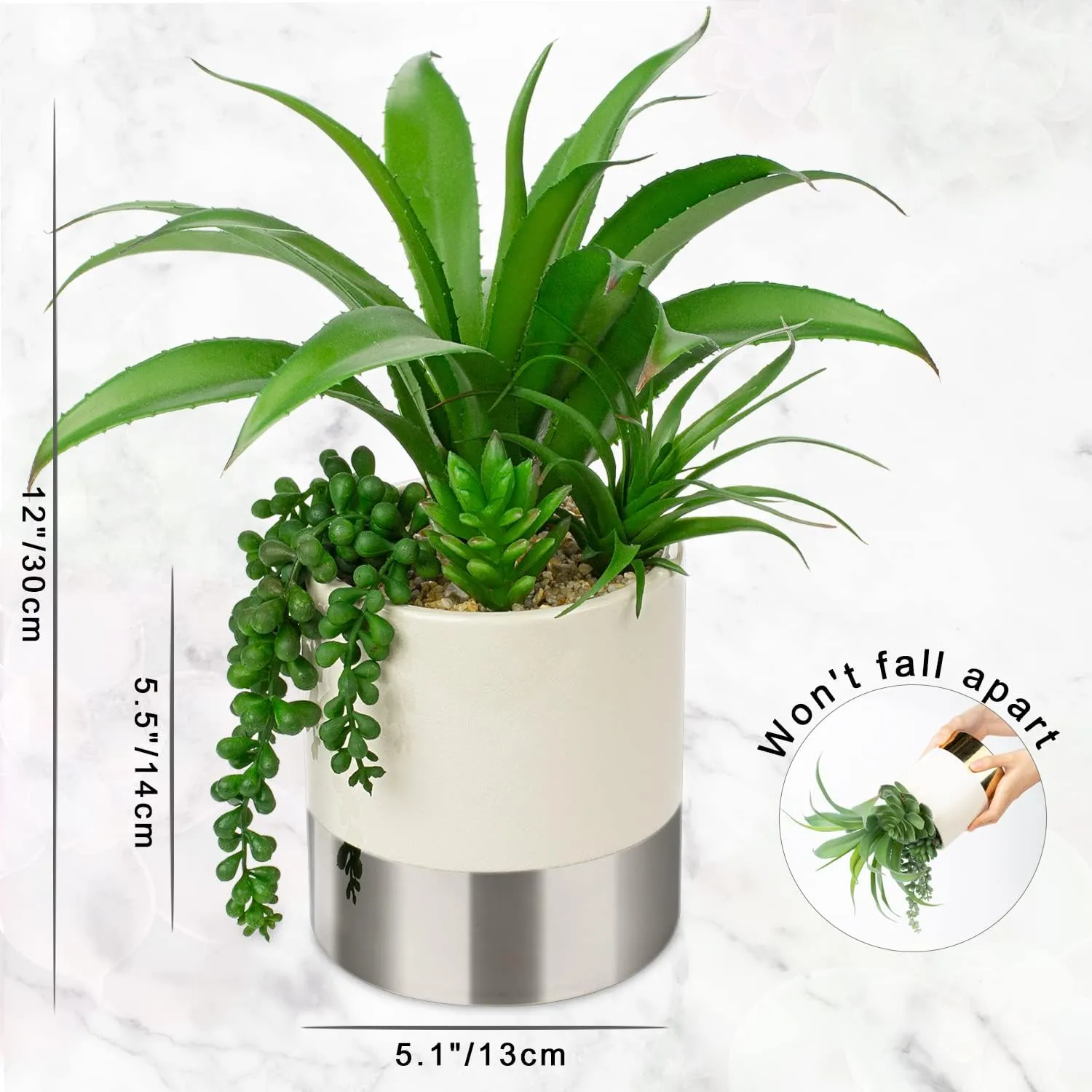Large Artificial Succulents Plants Faux Succulents 12" Fake Succulent Plants in Sliver Ceramic Pot Succulent Plant for Desk Modern Home Living Room Office Table Bathroom Decor