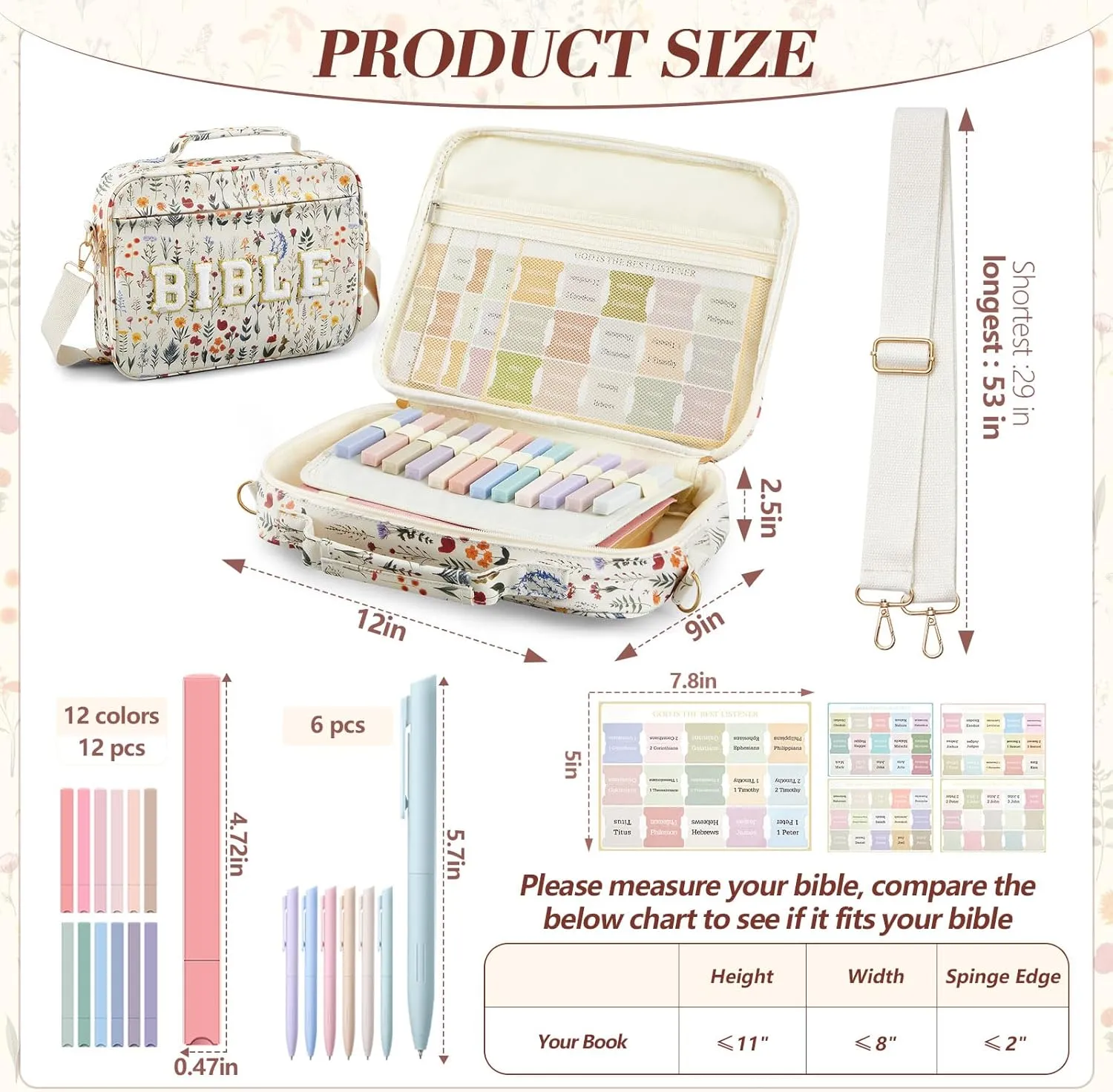 Large Bible Cover Case for Women, 12 x 9 x 2.5 Chenille Letter PU Leather Bible Cover with Bible Tabs 6 Colored Gel Pen 12 Highlighters Bible Case with Shoulder Strap for Study Bible Bag Gifts