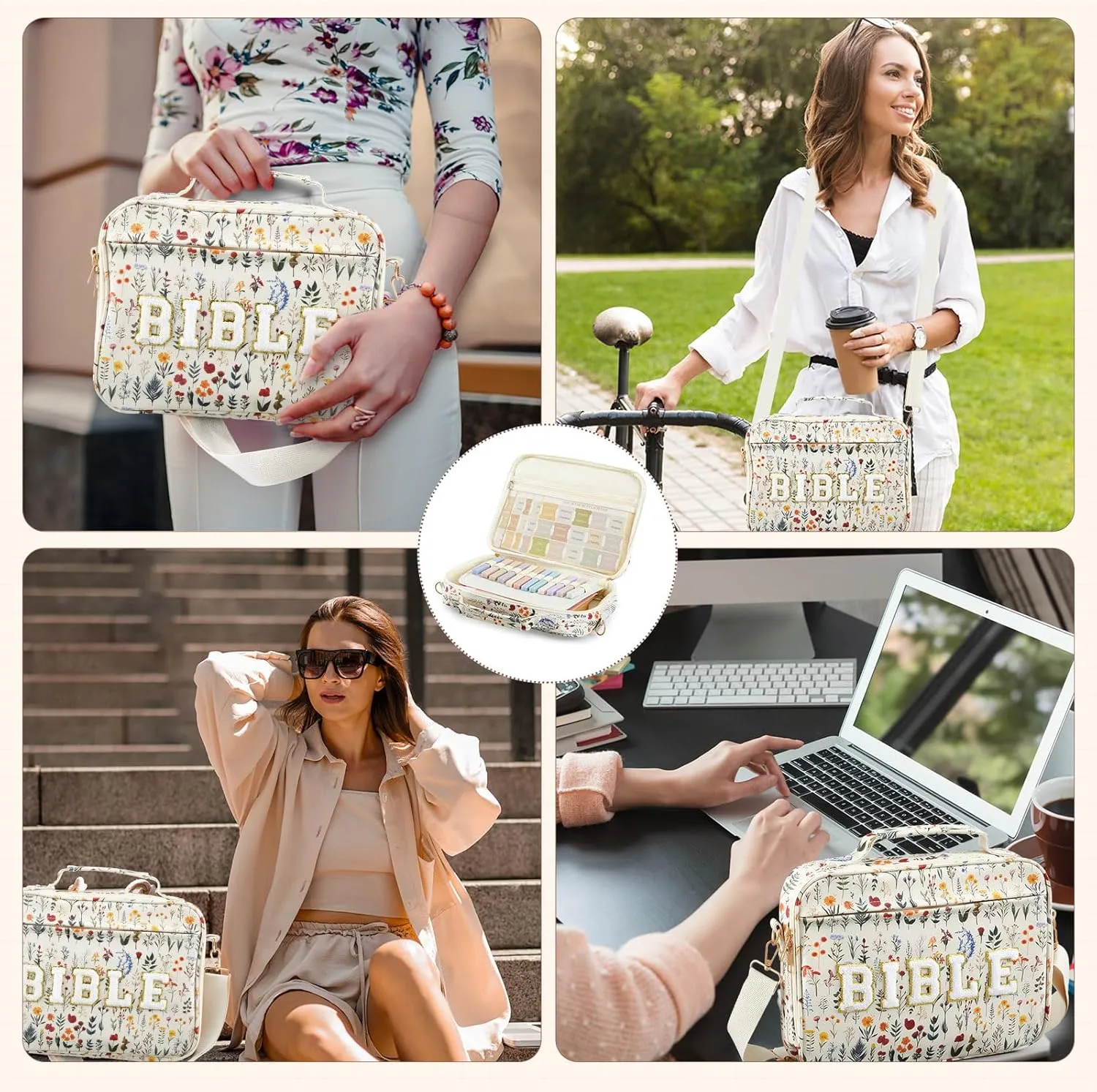 Large Bible Cover Case for Women, 12 x 9 x 2.5 Chenille Letter PU Leather Bible Cover with Bible Tabs 6 Colored Gel Pen 12 Highlighters Bible Case with Shoulder Strap for Study Bible Bag Gifts