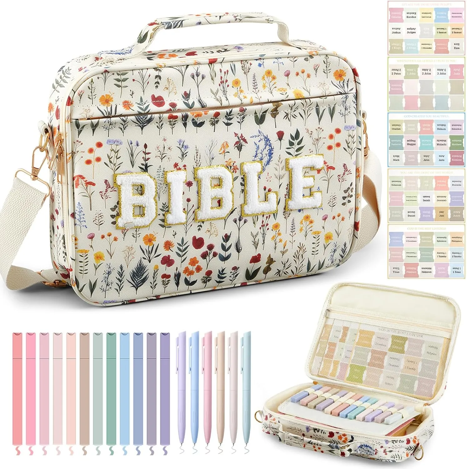 Large Bible Cover Case for Women, 12 x 9 x 2.5 Chenille Letter PU Leather Bible Cover with Bible Tabs 6 Colored Gel Pen 12 Highlighters Bible Case with Shoulder Strap for Study Bible Bag Gifts