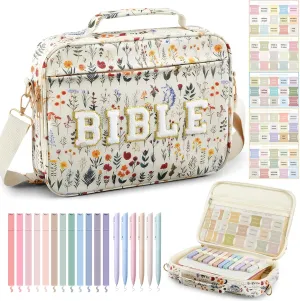 Large Bible Cover Case for Women, 12 x 9 x 2.5 Chenille Letter PU Leather Bible Cover with Bible Tabs 6 Colored Gel Pen 12 Highlighters Bible Case with Shoulder Strap for Study Bible Bag Gifts