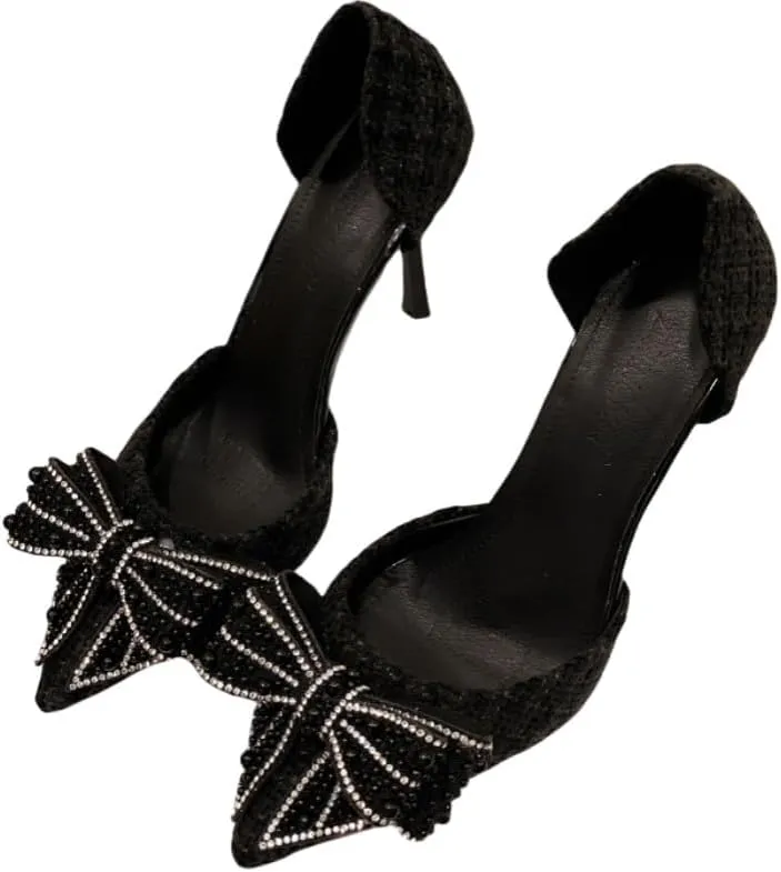 Large Size Ladies' Summer Rhinestone Bow high Heels, Thin Heels and Pointed Toe Wedding Shoes Dance Party