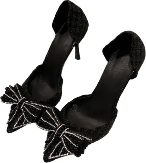 Large Size Ladies' Summer Rhinestone Bow high Heels, Thin Heels and Pointed Toe Wedding Shoes Dance Party