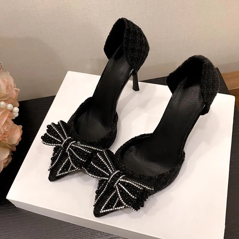 Large Size Ladies' Summer Rhinestone Bow high Heels, Thin Heels and Pointed Toe Wedding Shoes Dance Party