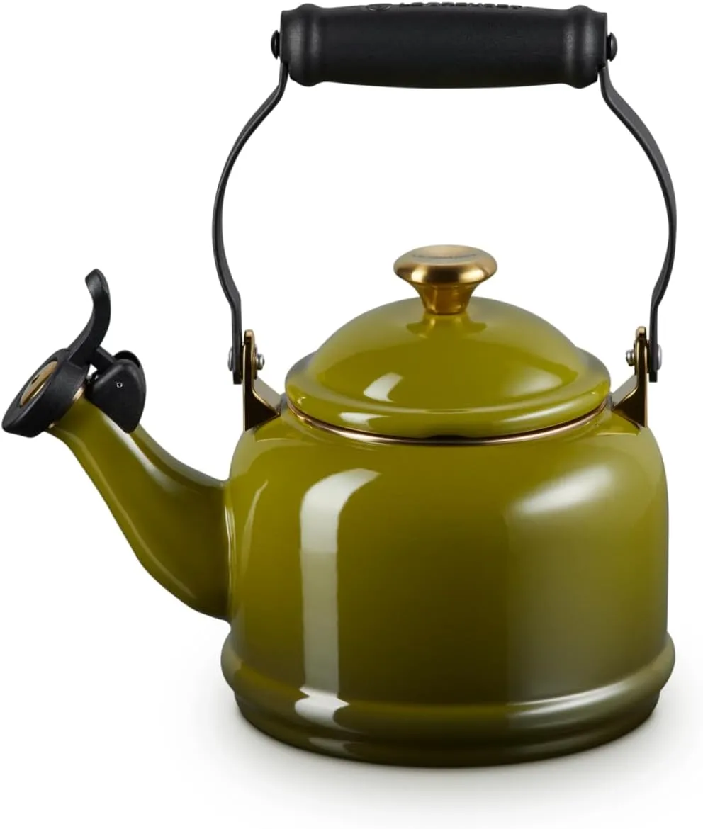 Le Creuset Enamel on Steel Demi Tea Kettle with Gold Finishes, 1.25 qt., Olive