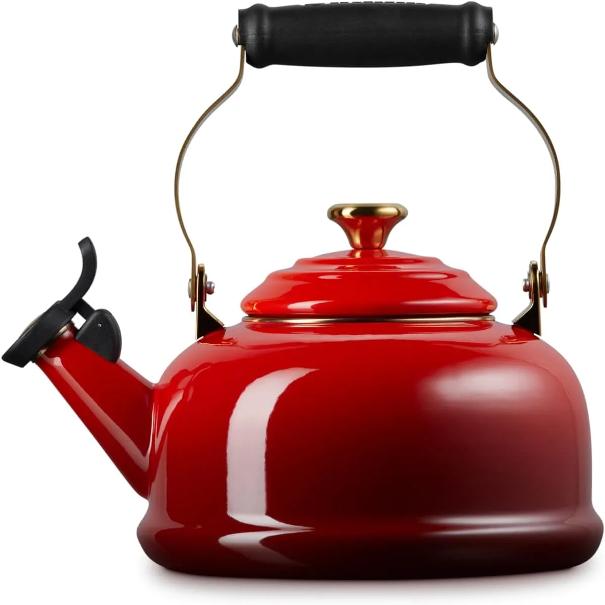Le Creuset Enamel on Steel Whistling Tea Kettle with Gold Finishes, 1.7 qt., Cerise