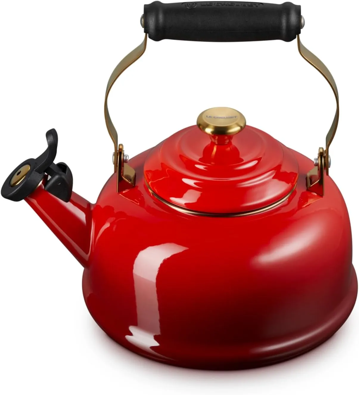 Le Creuset Enamel on Steel Whistling Tea Kettle with Gold Finishes, 1.7 qt., Cerise