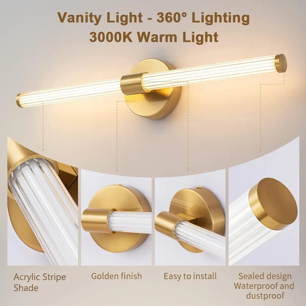 LED Bathroom Light Fixtures Gold Bathroom Vanity Lights Over Mirror 360° Full Lighting Dimmable LED 22 inch Vanity Light Bar Modern Wall Sconce Warm White for Bedroom Living Room