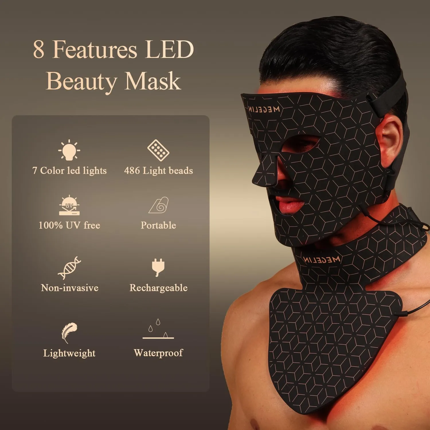 Led Red Light Therapy Face & Neck Mask, 7 Colors Led Light Therapy Facial Mask, Infrared Red Light Therapy Mask, Infrared Light Skin Rejuvenation(Black)