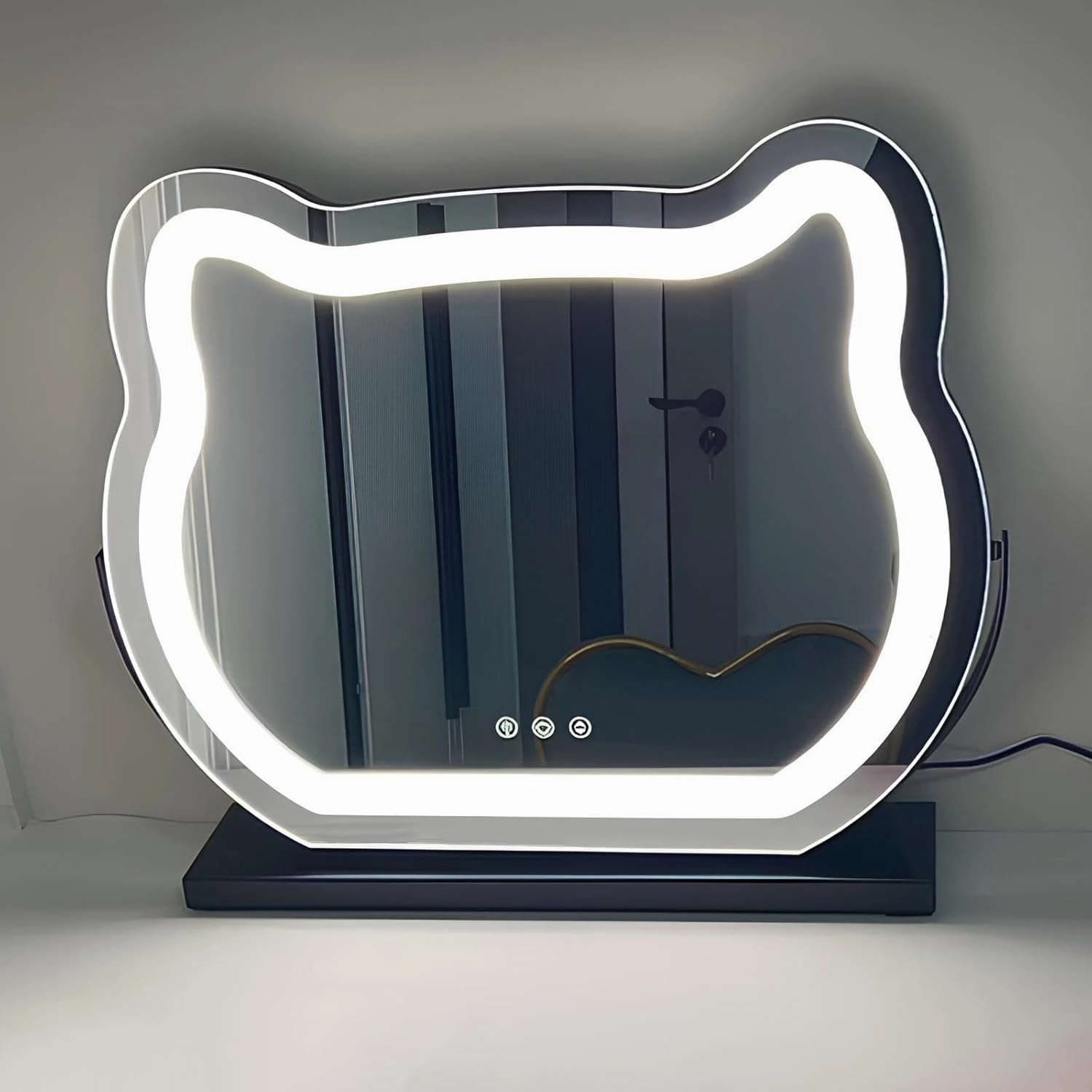 LED Vanity Makeup Mirror 360° Rotation Cat-Shaped Table Mirror with Lights Smart Touch Control 3 Color Lighting Modes and Adjustable Brightness(Black,43x50cm(16.9x19.7in))