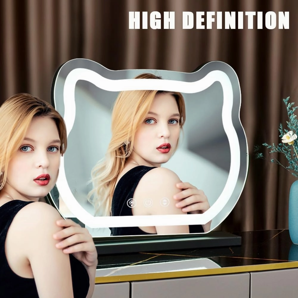 LED Vanity Makeup Mirror 360° Rotation Cat-Shaped Table Mirror with Lights Smart Touch Control 3 Color Lighting Modes and Adjustable Brightness(Gold,40x35cm(15.7x13.7in))