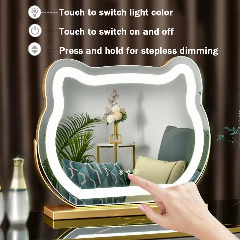 LED Vanity Makeup Mirror 360° Rotation Cat-Shaped Table Mirror with Lights Smart Touch Control 3 Color Lighting Modes and Adjustable Brightness(Gold,40x35cm(15.7x13.7in))