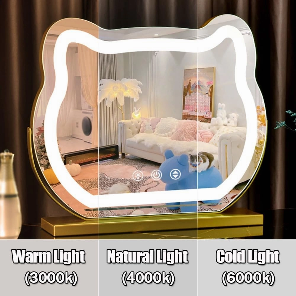 LED Vanity Makeup Mirror 360° Rotation Cat-Shaped Table Mirror with Lights Smart Touch Control 3 Color Lighting Modes and Adjustable Brightness(Gold,40x35cm(15.7x13.7in))