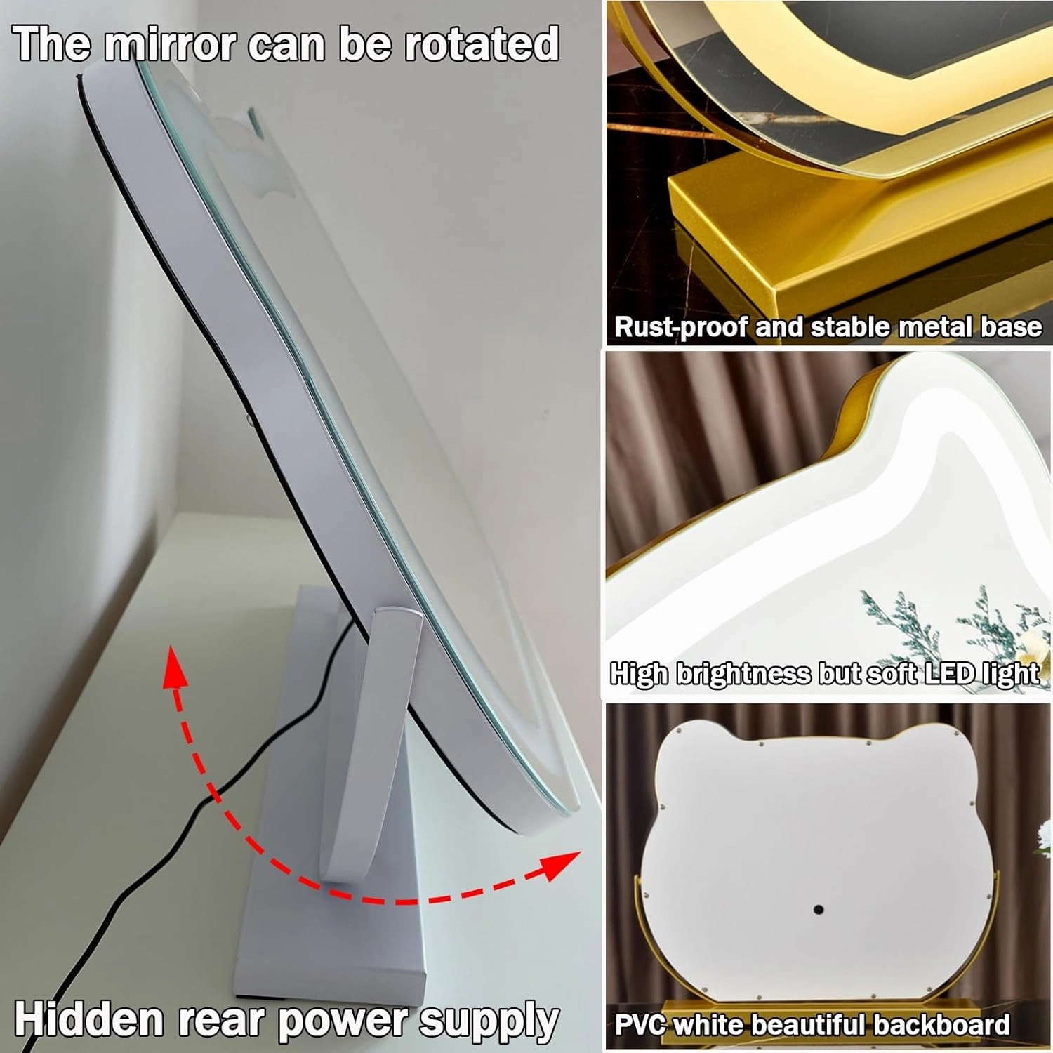 LED Vanity Makeup Mirror 360° Rotation Cat-Shaped Table Mirror with Lights Smart Touch Control 3 Color Lighting Modes and Adjustable Brightness(Gold,40x35cm(15.7x13.7in))