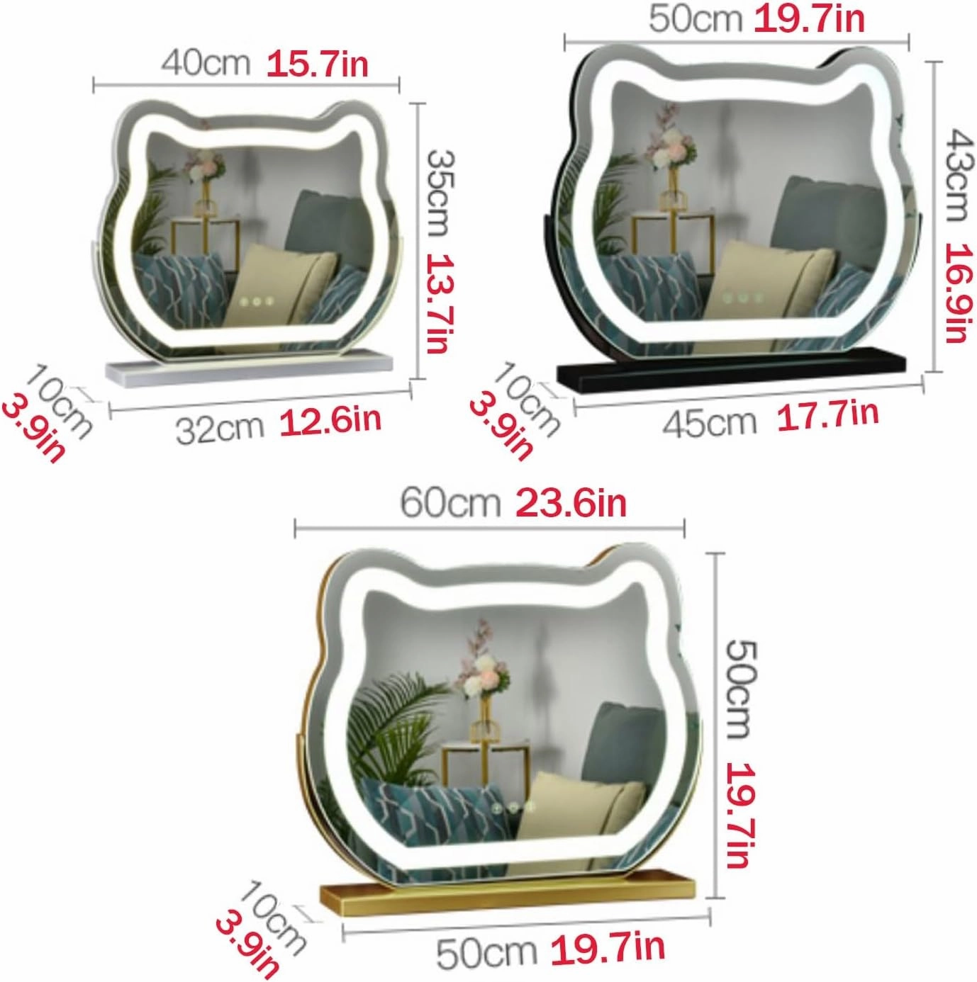 LED Vanity Makeup Mirror 360° Rotation Cat-Shaped Table Mirror with Lights Smart Touch Control 3 Color Lighting Modes and Adjustable Brightness(Gold,40x35cm(15.7x13.7in))
