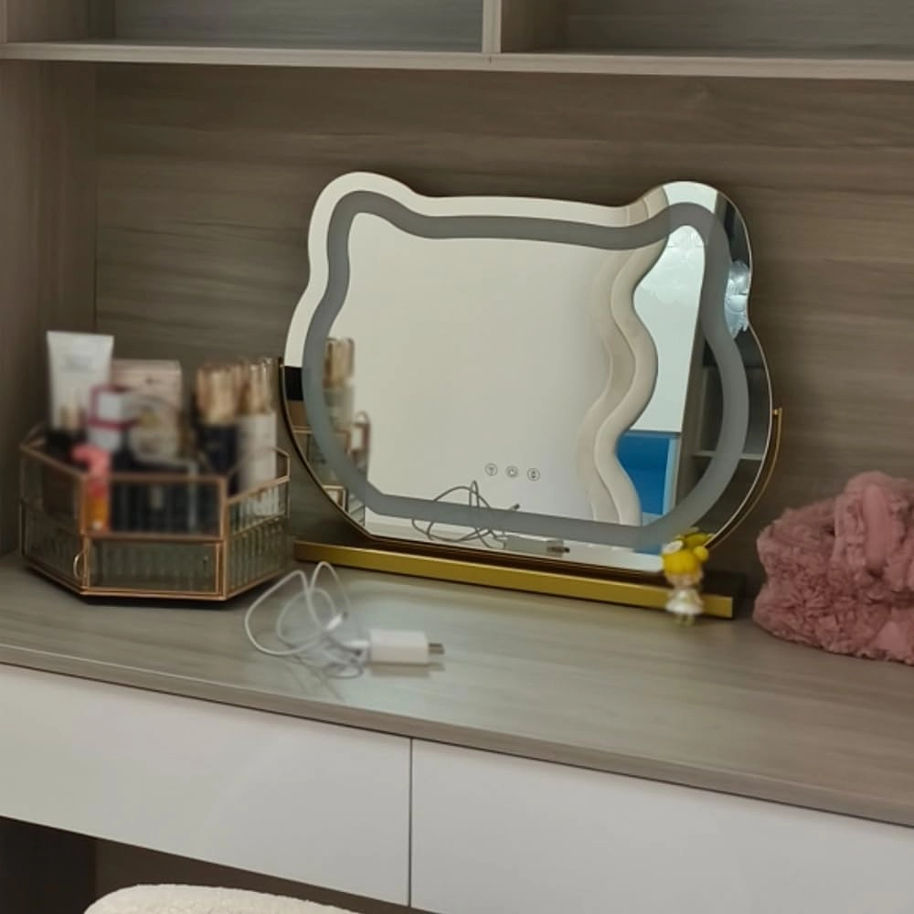 LED Vanity Makeup Mirror 360° Rotation Cat-Shaped Table Mirror with Lights Smart Touch Control 3 Color Lighting Modes and Adjustable Brightness(Gold,40x35cm(15.7x13.7in))