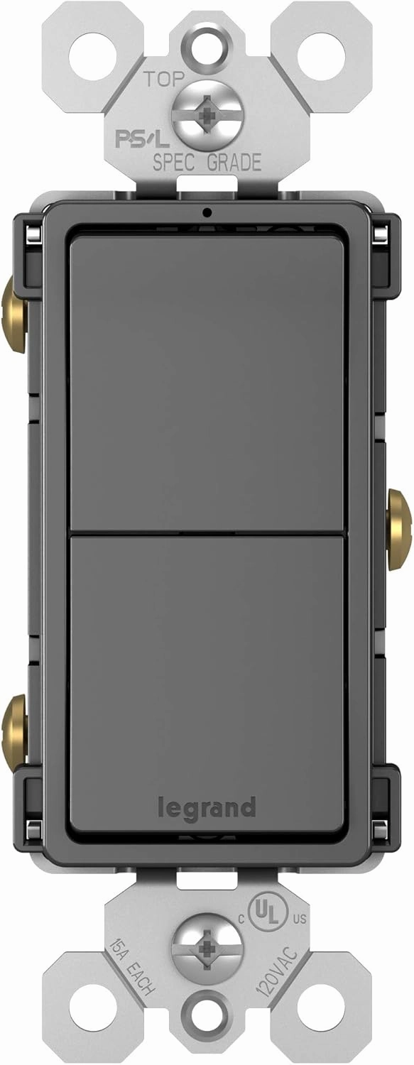 Legrand radiant RCD11BKCC6 15 Amp Combination 2-in-1 Decorator Rocker Light Switch, Two Single Pole Switches, Black (1 Count)