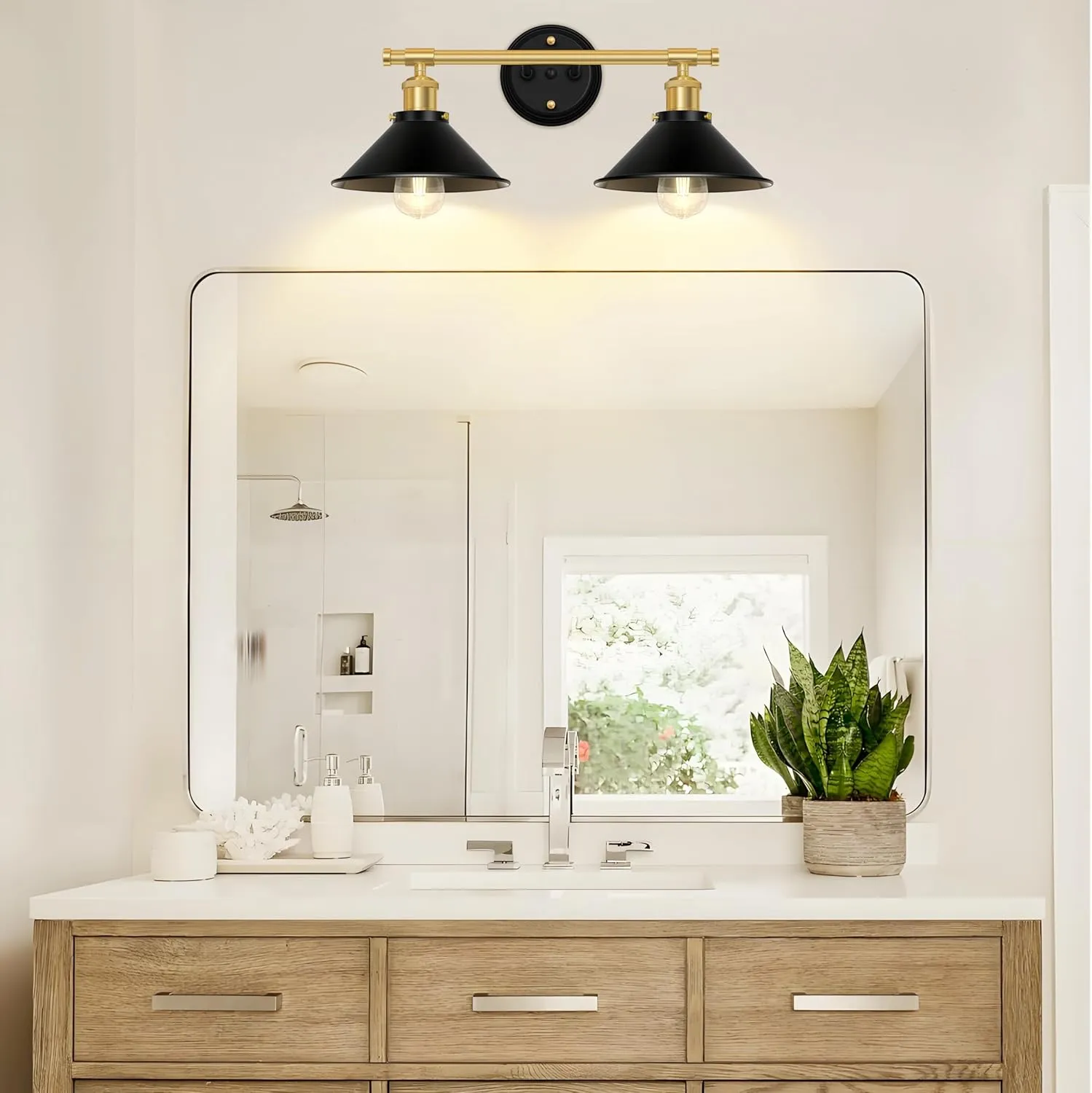 Licperron Farmhouse 2-Light Black Gold Vanity Lights Fixtures, Black and Gold Bathroom Lights Over Mirror with Metal Shade, Industrial Wall Sconces Lighting for Kitchen, Bedroom and Hallway