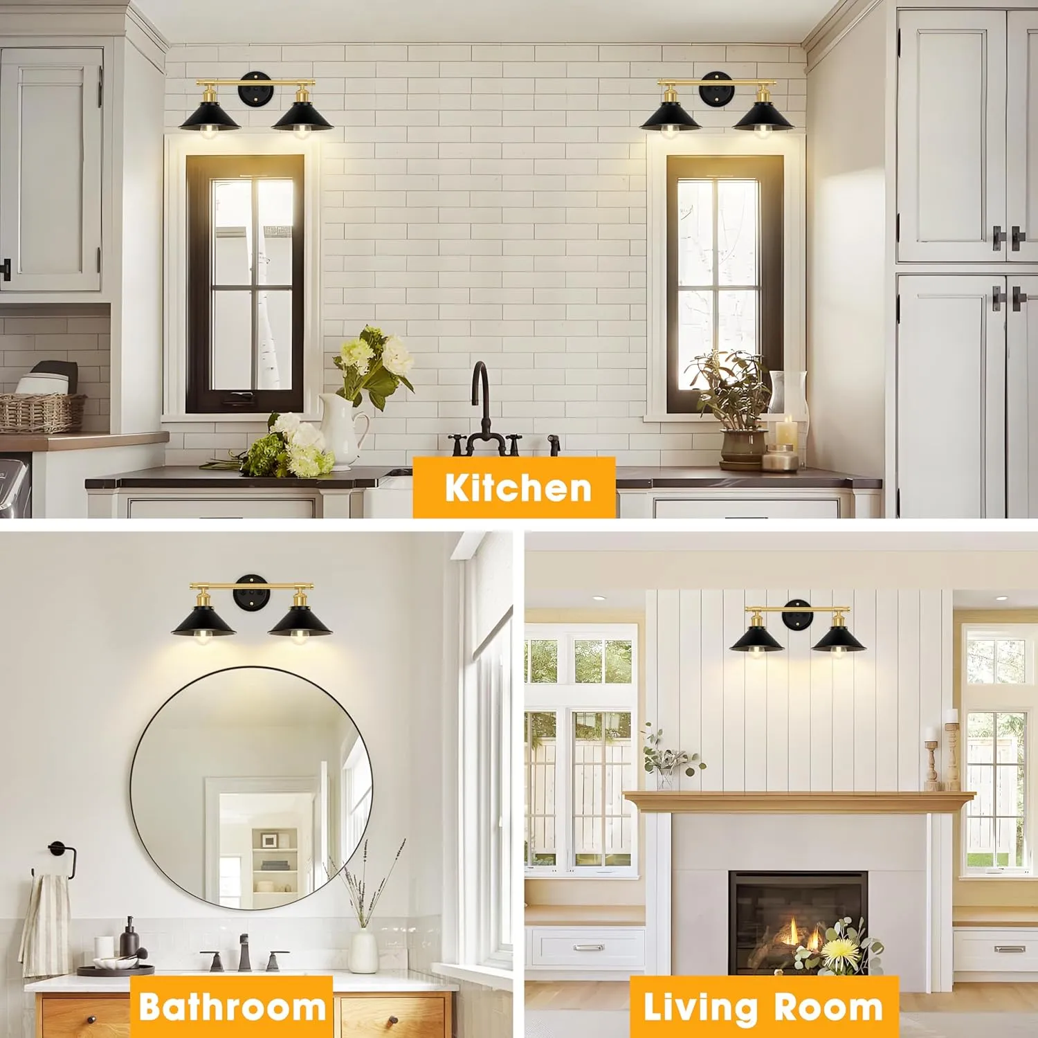Licperron Farmhouse 2-Light Black Gold Vanity Lights Fixtures, Black and Gold Bathroom Lights Over Mirror with Metal Shade, Industrial Wall Sconces Lighting for Kitchen, Bedroom and Hallway