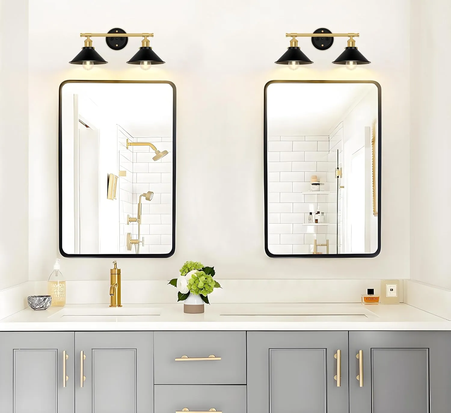 Licperron Farmhouse 2-Light Black Gold Vanity Lights Fixtures, Black and Gold Bathroom Lights Over Mirror with Metal Shade, Industrial Wall Sconces Lighting for Kitchen, Bedroom and Hallway