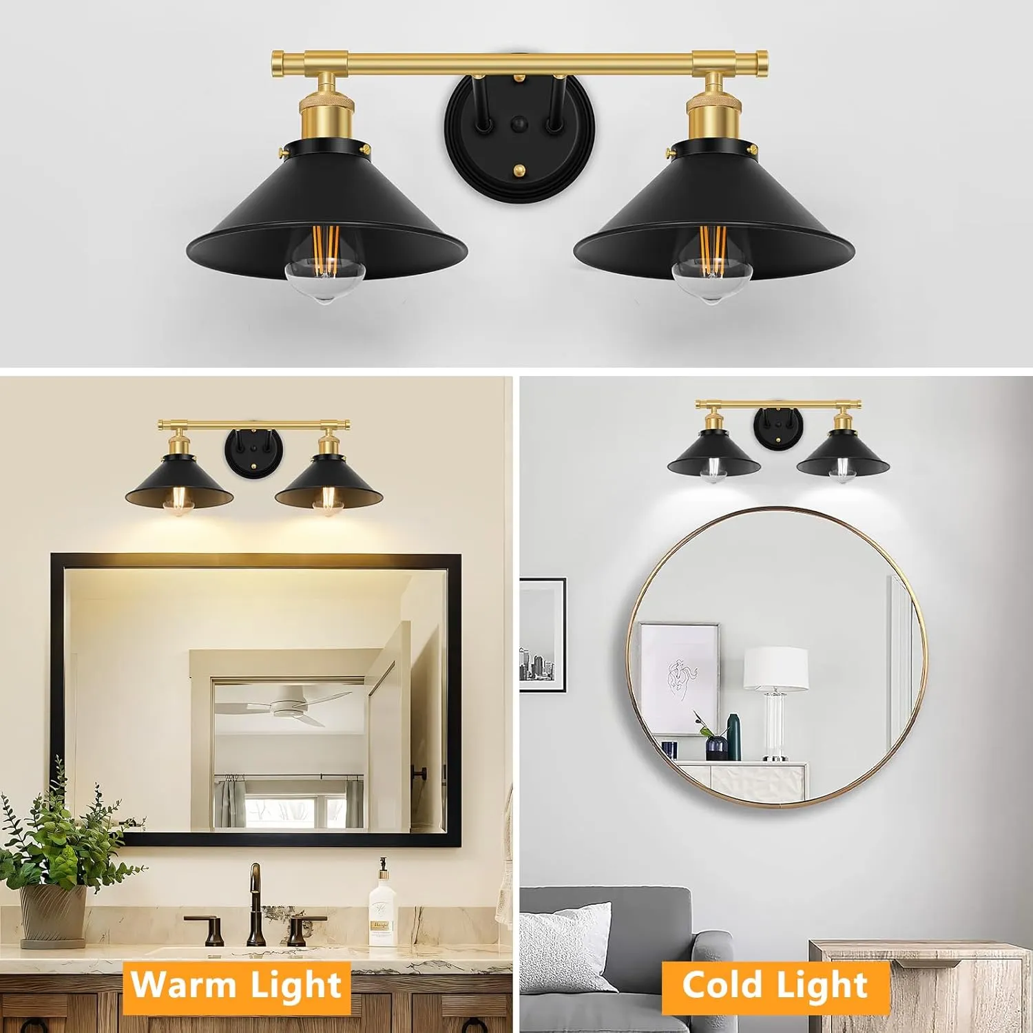 Licperron Farmhouse 2-Light Black Gold Vanity Lights Fixtures, Black and Gold Bathroom Lights Over Mirror with Metal Shade, Industrial Wall Sconces Lighting for Kitchen, Bedroom and Hallway