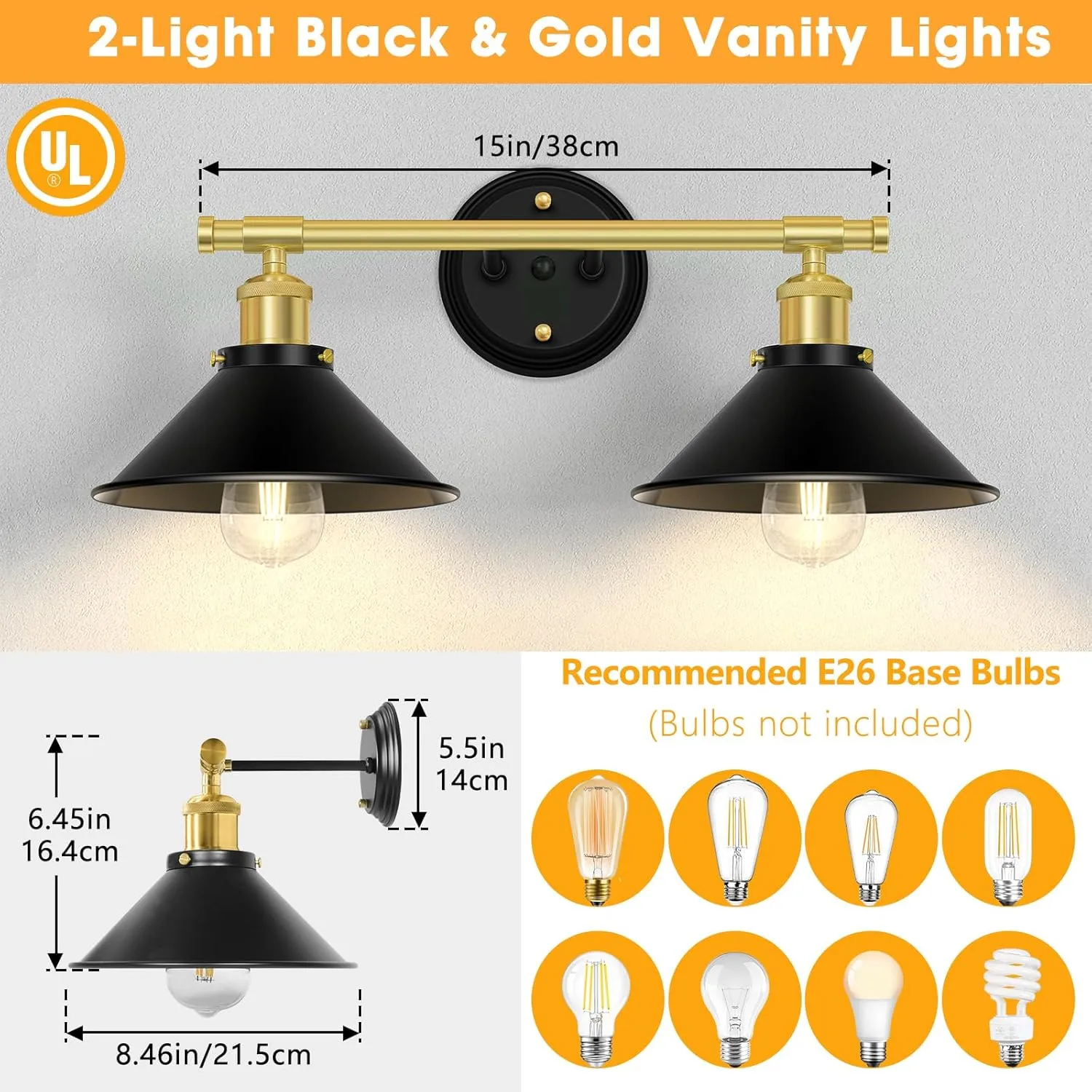 Licperron Farmhouse 2-Light Black Gold Vanity Lights Fixtures, Black and Gold Bathroom Lights Over Mirror with Metal Shade, Industrial Wall Sconces Lighting for Kitchen, Bedroom and Hallway