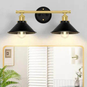 Licperron Farmhouse 2-Light Black Gold Vanity Lights Fixtures, Black and Gold Bathroom Lights Over Mirror with Metal Shade, Industrial Wall Sconces Lighting for Kitchen, Bedroom and Hallway