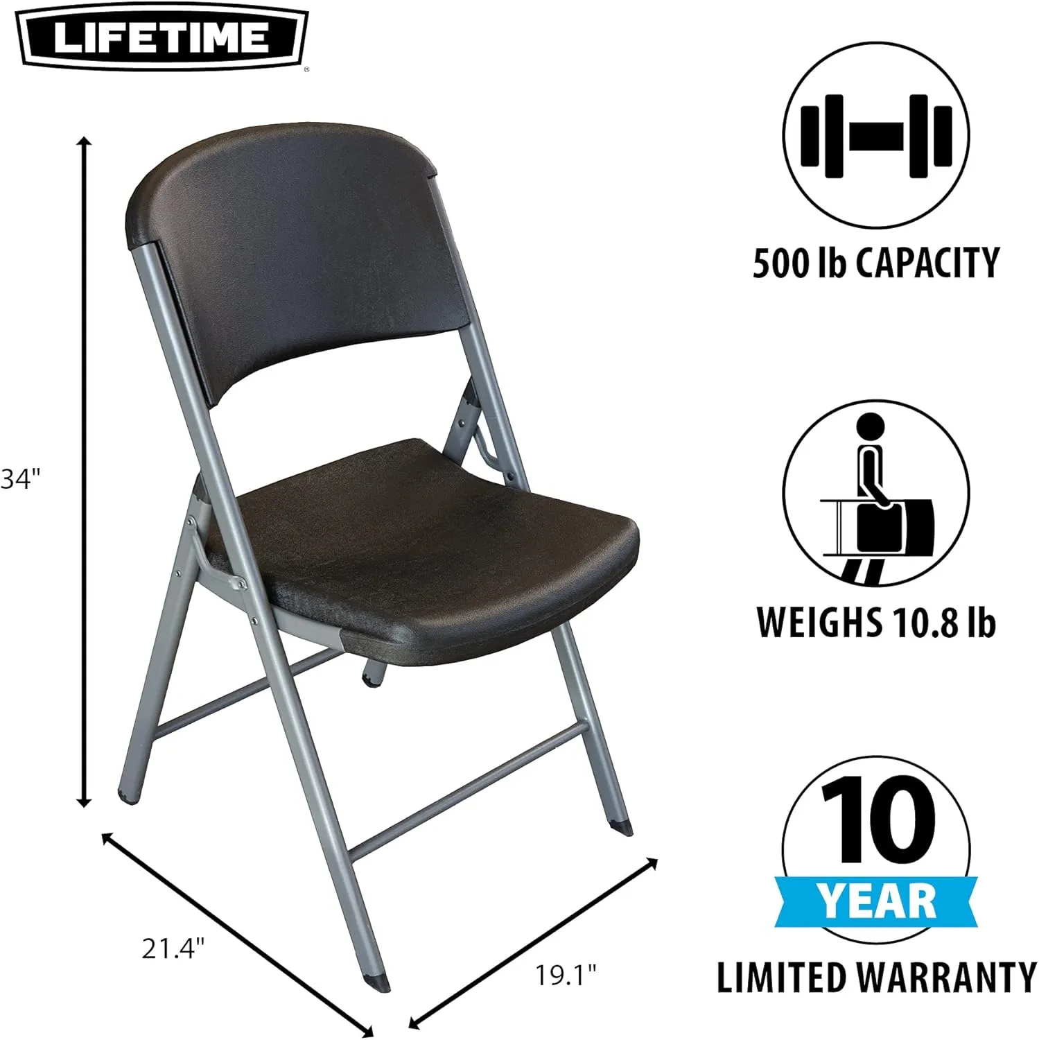 LIFETIME 80407 Commercial Grade Folding Chairs, 4 Pack, Black/Silver