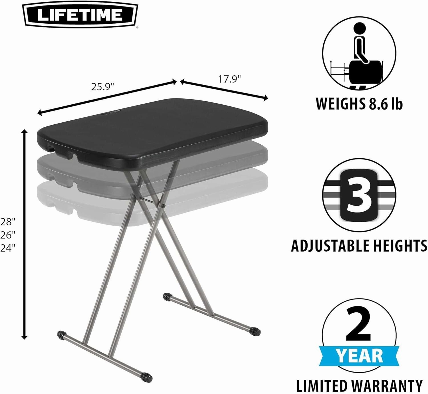 Lifetime Adjustable Folding Laptop Table TV Tray, 26 Inch, Black