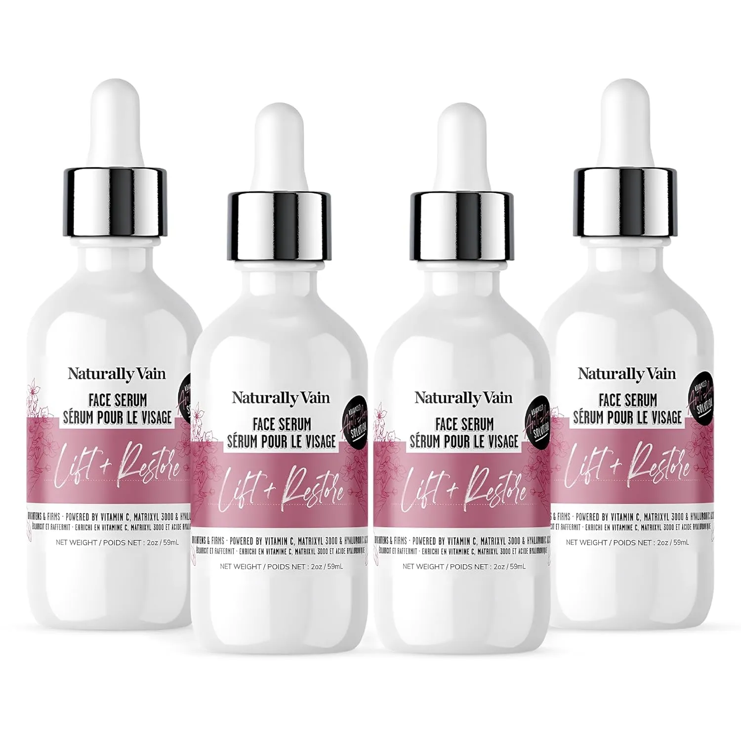 Lift   Restore Anti-Aging Face Serum, Skin Revival Face Lifting Solution with Vitamin C and Hyaluronic Acid, Improve Collagen, Soothe & Hydrate Skin, 2oz (4-Pack)