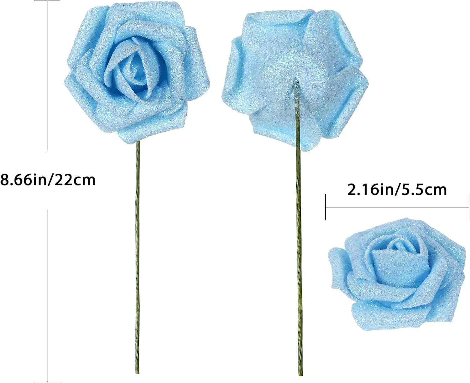 Light Blue Roses Artificial Flowers - 30 PCS, 2.17 in Blue Glitter Roses, Foam Flowers with Stem for DIY Wedding Bridal Bouquet, Party Centerpieces Decor