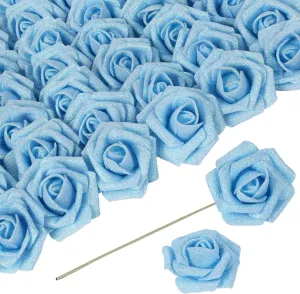 Light Blue Roses Artificial Flowers - 30 PCS, 2.17 in Blue Glitter Roses, Foam Flowers with Stem for DIY Wedding Bridal Bouquet, Party Centerpieces Decor