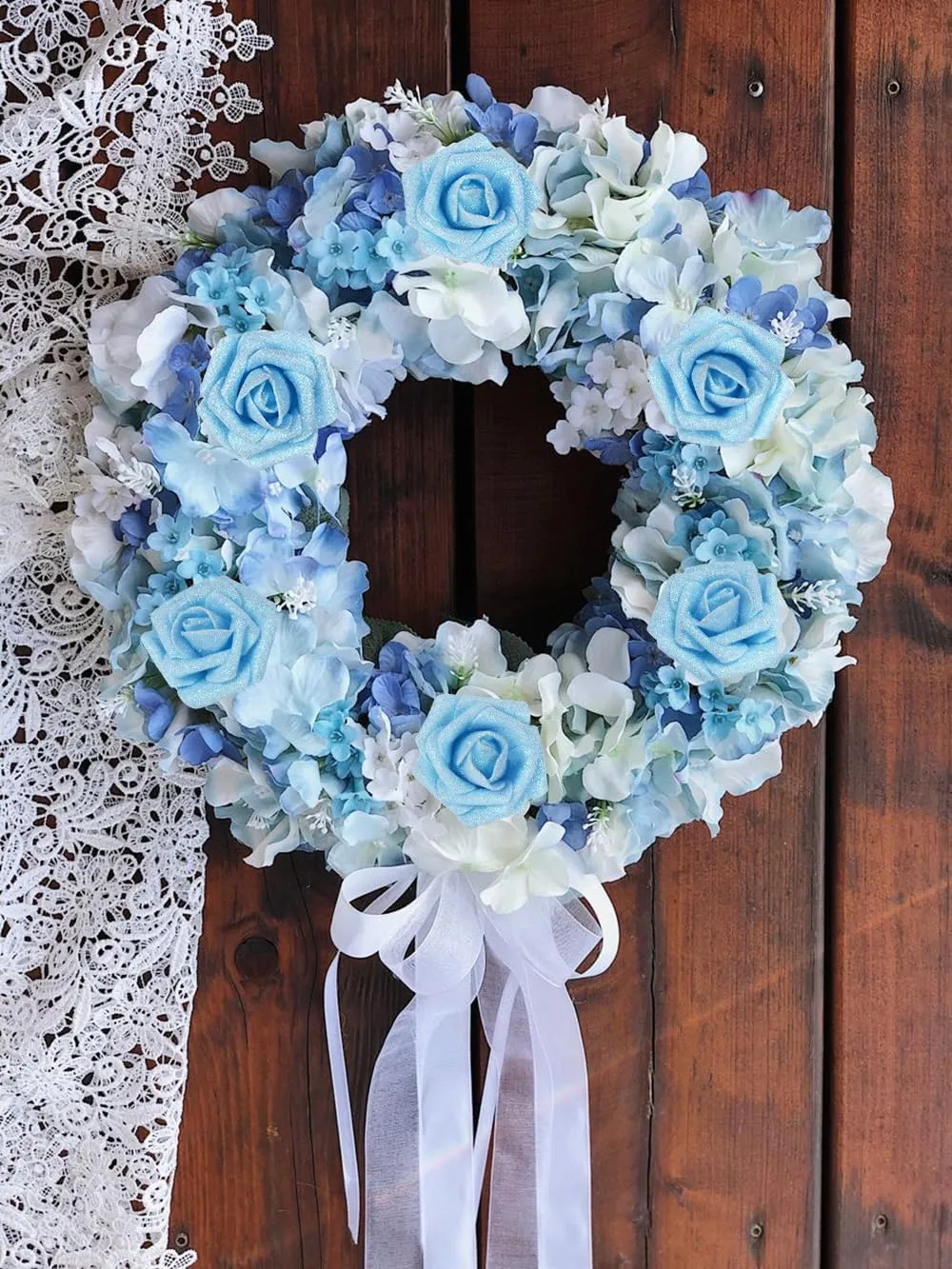 Light Blue Roses Artificial Flowers - 30 PCS, 2.17 in Blue Glitter Roses, Foam Flowers with Stem for DIY Wedding Bridal Bouquet, Party Centerpieces Decor