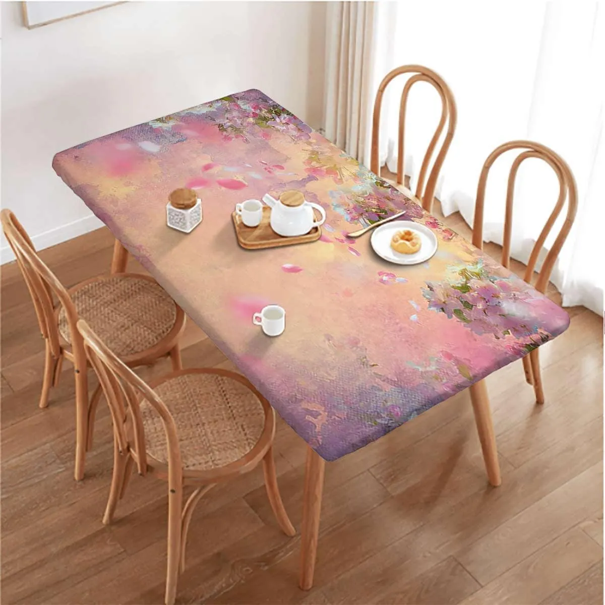 Light Pink Peach Tablecloth Elastic Edge Fitted Blossom Petals Field Floral Picture Tablecloth ?Suitable for Camping Party and Picnic Cherry Fits up 5 Foot Tables